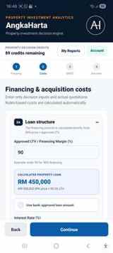 AngkaHarta app screen showing loan structure, margin of finance and interest rate inputs
