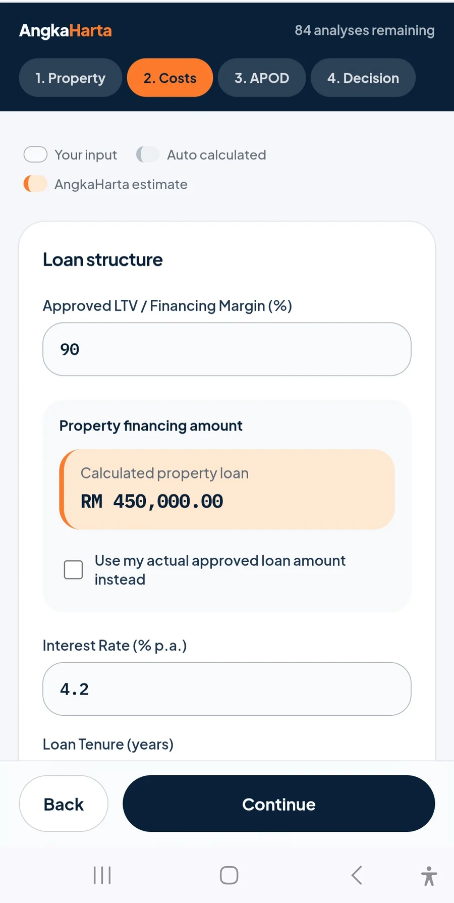 AngkaHarta screen showing loan structure, margin of finance and interest rate inputs